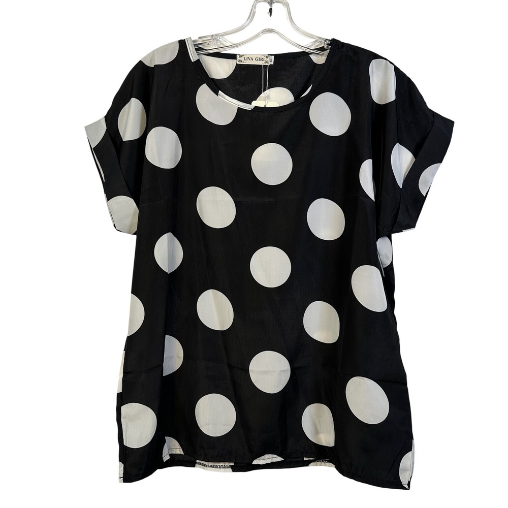 Liva Girl Black White Polka Dot Blouse Short Sleeve XL New With Tags